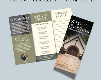 Plantilla de boletín de iglesia con tres páginas en estilo terroso / Diseño editable en Canva