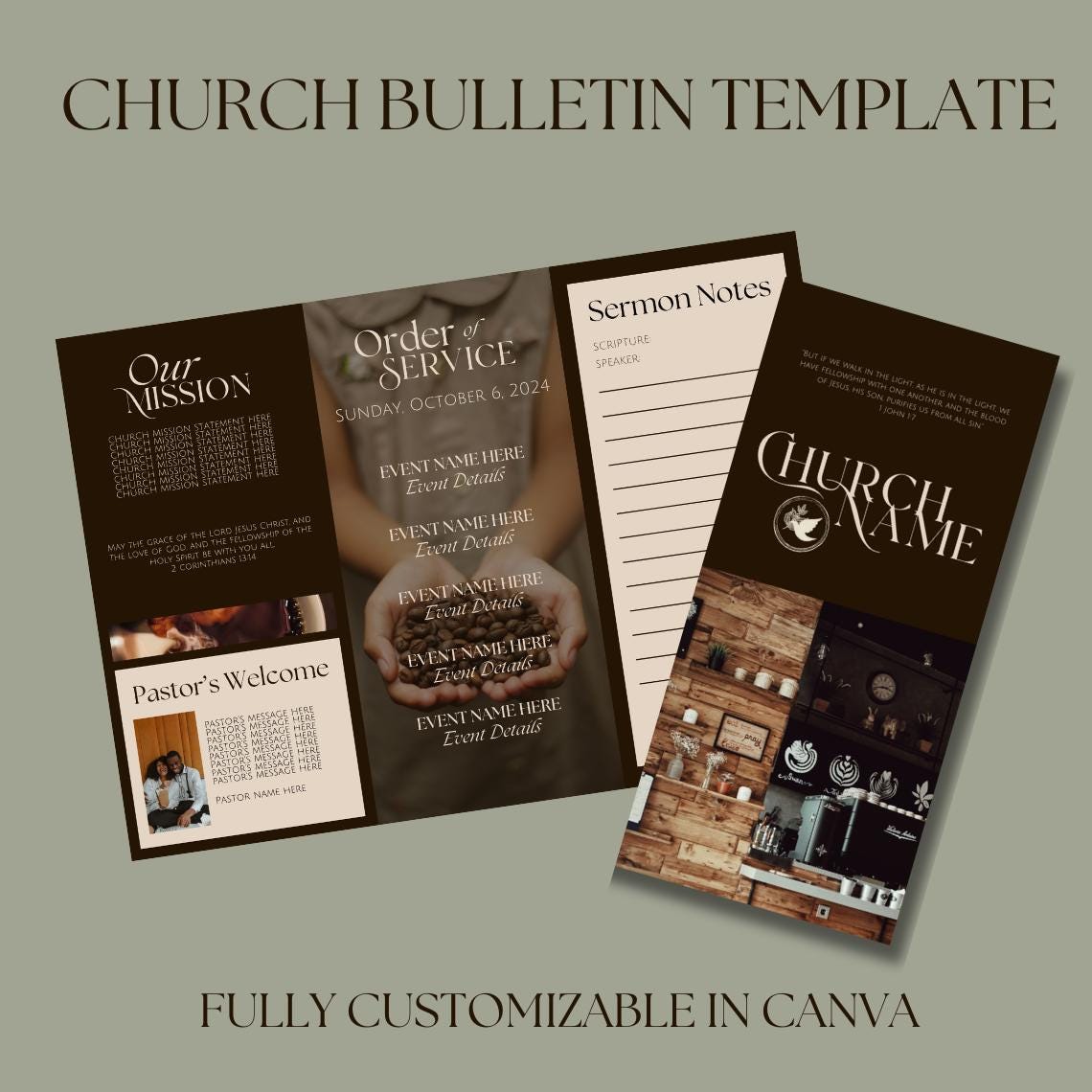 Plantilla de boletín de iglesia tríptico con temática de café / Descarga digital editable de Canva