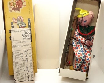 Marionnette Pelham vintage avec boîte d'origine et instructions clown de collection