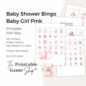 Baby Shower Bingo, Baby Shower Games, Girl Baby Shower Games, Babyshower games, baby shower bingo girl, Watercolor pink baby shower