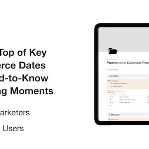 Może przedstawiać: Zrzut ekranu strony Notion przedstawiający planista kalendarza promocyjnego dla dat e-commerce i momentów marketingowych. Strona nosi tytuł "Planista kalendarza promocyjnego" i zawiera kalendarz z datami i wydarzeniami na styczeń i luty.