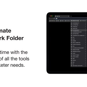 May include: A screenshot of a web browser with a folder titled "Organized Marketer" open. The folder contains a list of subfolders for various marketing tools, including "Accessibility", "Analytics", "AI & Research", "Automation", "Content & PR", "Copywriting", "CRM & Email List Automation", "Chat", "Data", "Email Marketing", "Events", "Forms & Surveys", "Funnels & Sales", "Growth Hacking", "Influencer Marketing", "Landing Pages", "Presentations", "Personalization", "Paid Traffic", "SEO", "Social Media", "Surveys", "UX", "Web Pages & Developers", and more.