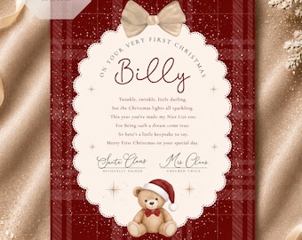 May include: A rectangular Christmas keepsake card featuring a deep red plaid background with a central cream-colored scalloped oval. The card displays the name Billy, a poem, and signatures from Santa and Mrs. Claus, topped with a beige bow and a teddy bear.