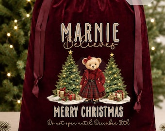 Personalised Christmas Sack, Luxury Velvet Santa Sack, Christmas Eve Gift Bag, Teddy Bear Christmas Sack, Child's Xmas Bag