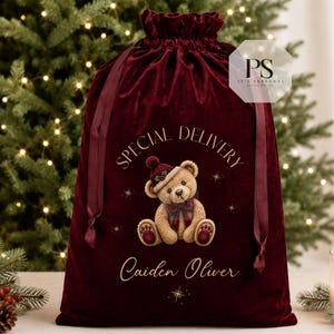 May include: A deep burgundy velvet drawstring gift bag featuring a gold-printed teddy bear wearing a red knit hat and a plaid bow tie. The text reads SPECIAL DELIVERY above the bear and the name Caiden Oliver in gold script below the bear.