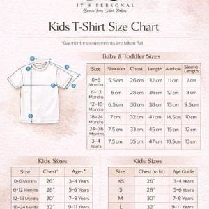 May include: A white Kids T-Shirt Size Chart with measurements in cm and inches. The chart includes baby, toddler, and kids sizes, with chest, shoulder, and length measurements. The text "IT'S PERSONAL" is at the top.