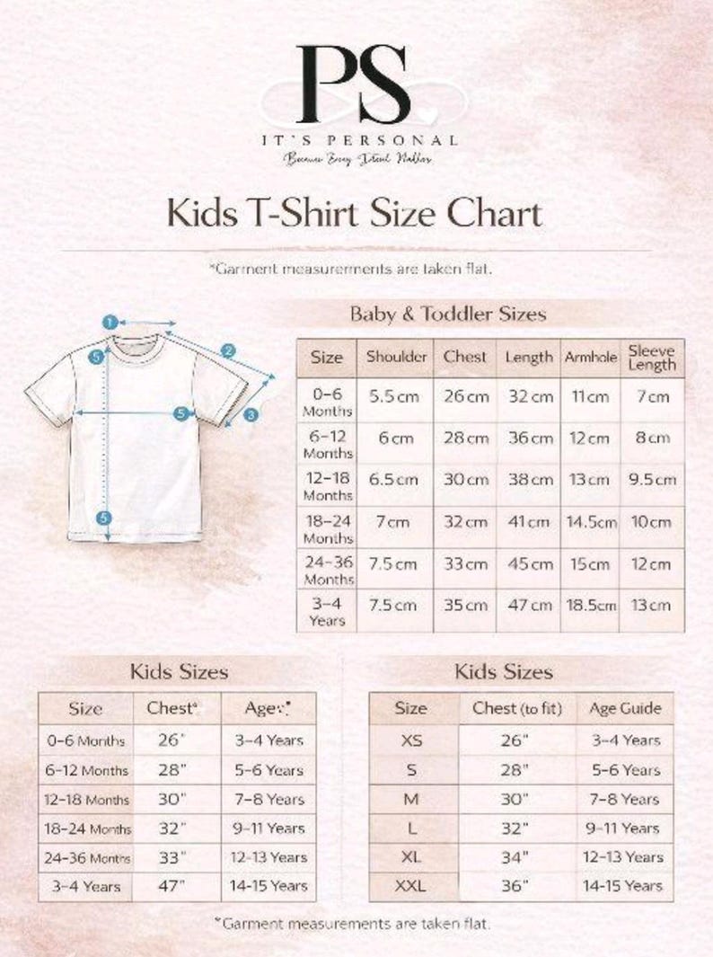 May include: A white Kids T-Shirt Size Chart with measurements in cm and inches. The chart includes baby, toddler, and kids sizes, with chest, shoulder, and length measurements. The text "IT'S PERSONAL" is at the top.