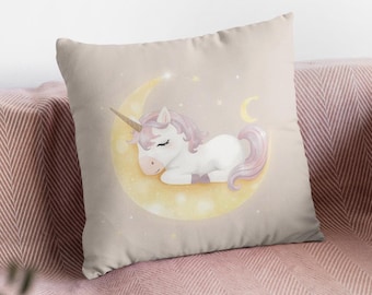 Almofada Unicórnio Dormindo, Decoração para Quarto de Bebê Menina, Almofada Unicórnio Lua, Decoração para Quarto Infantil, Almofada para Hora de Dormir, Presente para Chá de Bebê