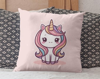 Kawaii Unicorn Pillowcase, Cute Rainbow Unicorn Cushion Cover, Pink Kids Room Decor Pillow, Cartoon Unicorn Throw Pillow, Gift for Girls