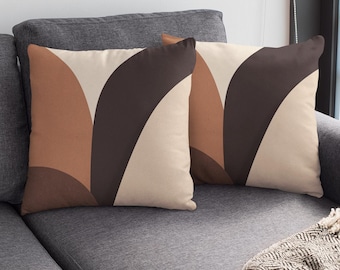Almofada abstrata moderna, almofada boho neutra, almofada decorativa em tons terrosos, decoração minimalista para casa, estética bege e marrom.