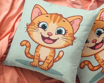 Cute Cat Pillowcase for Kids, Kawaii Cartoon Kitty Cushion Cover, Nursery Animal Throw Pillow, Kids Room Decor Gift for Girls Boys