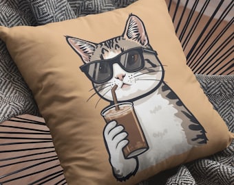 Almofada engraçada de gato, gato estiloso tomando café, presente para amantes de gatos, almofada decorativa fofa de animal, decoração divertida para animais de estimação, presente para donos de gatos