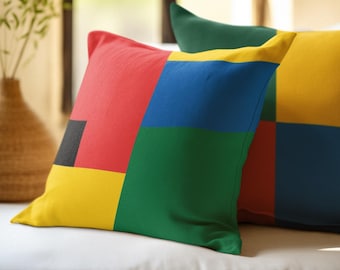 Capa de almofada decorativa colorida com blocos de cores e design geométrico abstrato. Almofada moderna e decorativa para sala de estar, estilo meados do século XX.