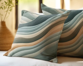 Capa de almofada com estampa abstrata de ondas verdes, capa de almofada moderna em tons terrosos, almofada abstrata minimalista, decoração contemporânea para sofá.