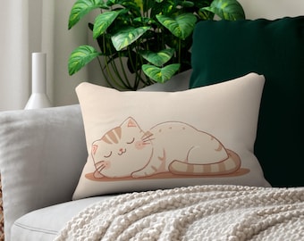 Cute Sleeping Cat Throw Pillow, Kawaii Kitty Cushion Cover, Cozy Cat Lover Decor, Aesthetic Bedroom Pillow, Gift for Cat Lovers