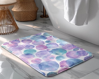 Pastel Watercolor Bubble Bath Mat, Abstract Circle Bathroom Rug Purple Blue Bathroom Decor, Aesthetic Bath Rug Modern Soft Non Slip Bath Mat