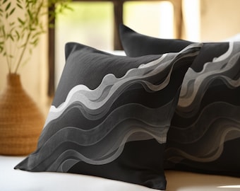 Almofada abstrata monocromática com ondas, capa de almofada preta abstrata, capa de almofada moderna e minimalista, almofada decorativa contemporânea para sofá.