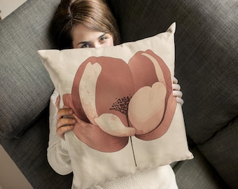 Capa de almofada minimalista com ilustração de peônia rosa, estilo boho, com estampa floral. Ideal para decoração de casa com arte abstrata de linhas florais em tons neutros.