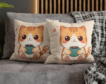 Cute Cat Pillow Cover, Kawaii Kitten Cushion Case, Cartoon Cat Throw Pillow, Cozy Cute Animal Decor, Gift for Cat Lovers