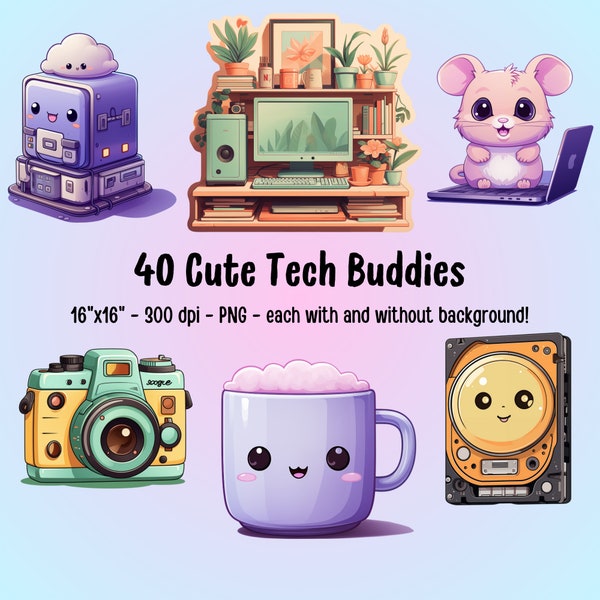 Cute Tech Buddies ClipArt Bundle - 40 PNG Files of adorable tech gadgets - perfect for stickers, phone cases, wall art, tote bags and shirts