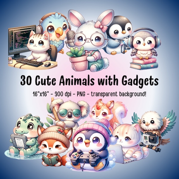 Cute_Animals_with_Gadgets - 30 PNG Files of adorable tech gadgets, perfect for stickers, phone cases, wall art, tote bag, shirts