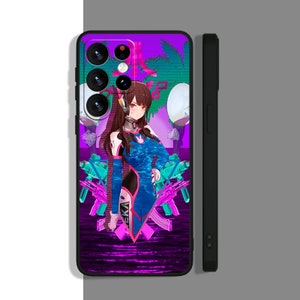 May include: A phone case with a pink, blue, and green design featuring an anime character with long brown hair holding a gun. The background is a pixelated design with palm trees and a sunset.