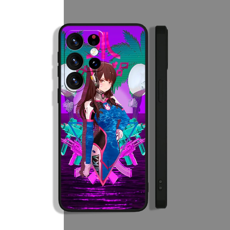 May include: A phone case with a pink, blue, and green design featuring an anime character with long brown hair holding a gun. The background is a pixelated design with palm trees and a sunset.