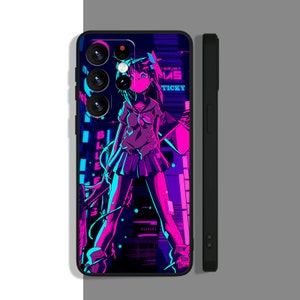 May include: A phone case with a neon pink and blue anime character design. The character is a young woman with long hair and a skirt. The case has a black background and the text "SUBJECT TO CHANGE" and "TICKY" are visible.