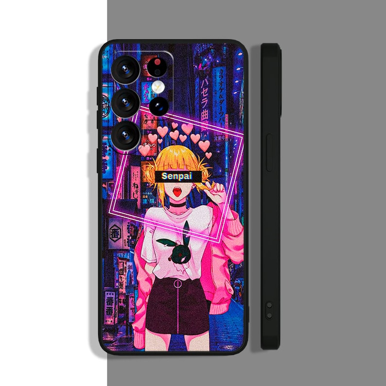 May include: A black phone case with a colorful anime character design. The character is a young woman with blonde hair and pink clothing. The background is a neon cityscape with Japanese text. The text "Senpai" is written in pink across the character's face.