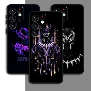 May include: Three black phone cases with different designs. The first case features a purple and black design with the text "Wakanda Forever". The second case features a black and purple design of Black Panther. The third case features a black and white design of Black Panther's head.