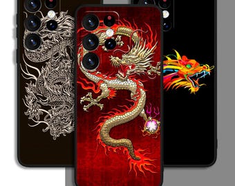 May include: Three phone cases with different dragon designs. The first case has a black background with a white dragon. The second case has a red background with a gold dragon. The third case has a black background with a multi-colored dragon.
