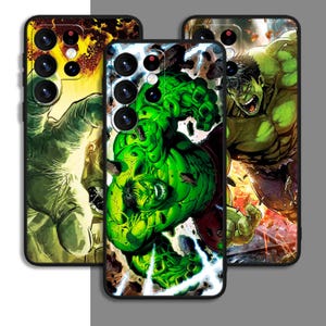 May include: Three phone cases featuring a green Hulk character from the Marvel comics. The cases are black with a glossy finish. The Hulk is depicted in a dynamic pose, with his fists clenched and his face contorted in a fierce expression. The background is a mix of yellow, orange, and brown, with streaks of lightning.