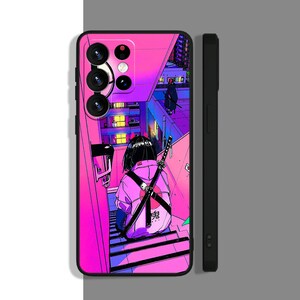 May include: A pink and purple phone case with a graphic of a person with a sword on their back standing on a staircase. The case has a black camera bump with three lenses.