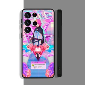 May include: A black phone case with a colorful design featuring a pink anime character, flowers, and a blue and pink triangle. The case has a triple camera lens and the text "Justice" appears twice on the case.