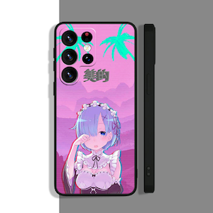 May include: A pink and blue phone case with a cartoon anime character with blue hair and a white dress. The case has a camera cutout with three lenses and the text "美妙" in black.