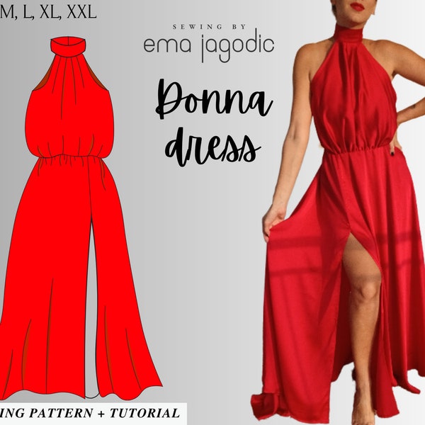 Maxi Dress Sewing Pattern with High Neck Collar, Slit Dress Pattern Long SIZES S, M, L, XL, XXL