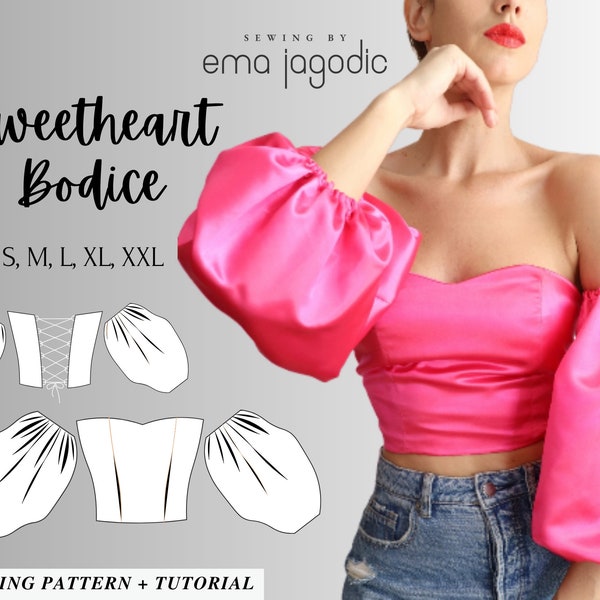 Sweetheart Puffy Sleeve Crop Top Sewing Pattern, Easy and Beginner Friendly, SIZES: S, M, L, XL, XXL