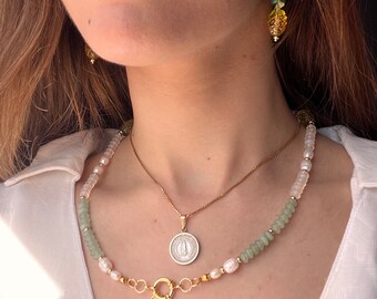 Mothers day gift. Aventurine and Agate natural stone pendant with freshwater pearls and gold.