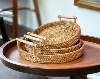 Rattan Woven Basket Tray | Kitchen Rattan Storage Basket Serving Tray | Bread Food Plate Mug Serving Dinner Tray | Kitchen Decor | Gift Idea