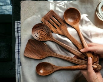 Handmade Wooden Utensil Set | 5pc Kitchen Spoon Utensil Set | Natural Wooden Spoon, Ladle, Spatula, Soup Skimmer Utensils