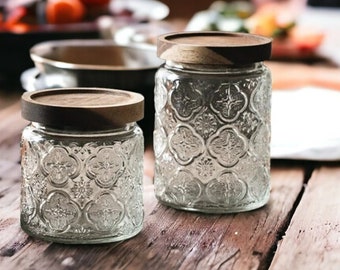 Glass Jar With Norse Embossed Pattern | Glass Storage Jar For Food, Utensils | Wooden Lid Glass Pantry Jar | Kitchen Decor | Gift Ideas