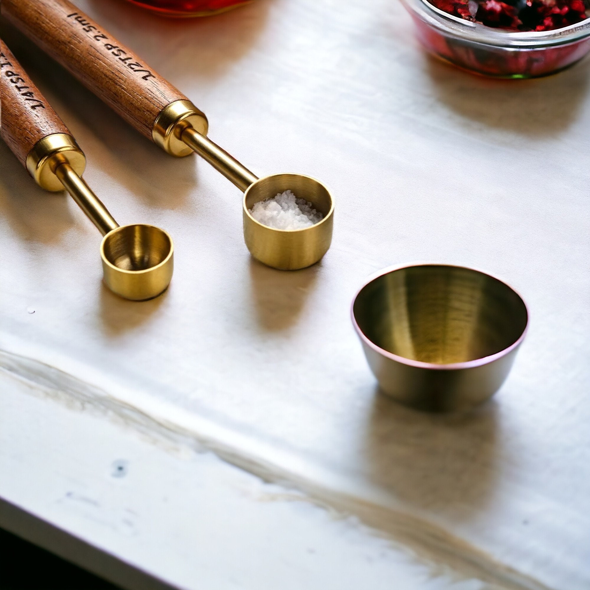 8pc Hand Crafted Measuring Set Handcrafted Gold Measuring Cup Set Stainless Steel Wooden Measuring ...