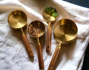 Handcrafted Gold Measuring Cup Set | Stainless Steel Wooden Measuring Spoons | Kitchen Utensil Measuring Cups | Rustic Gift Idea