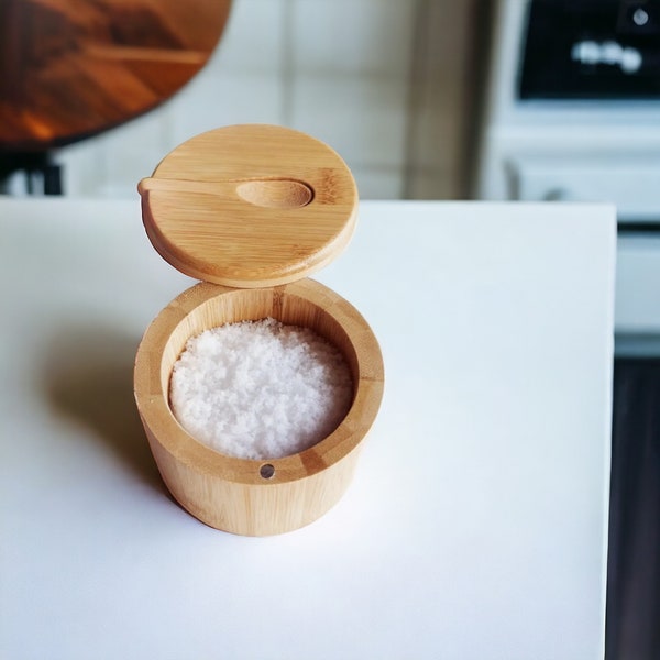 Bamboo Eco Friendly Salt Cellar | Wooden Salt Pepper Spice Storage Container | Swivel Salt Cellar With Spoon | Kitchen Table Decor