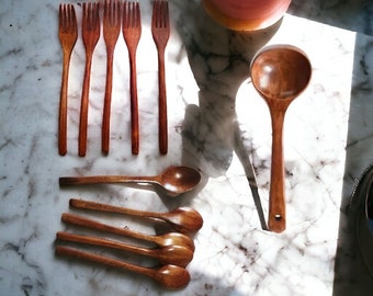 Handmade Wooden Cutlery Sets | Crafted Wooden Forks and Spoons | Large Wooden Serving Ladle | Kitchen Utensils | Gift Ideas