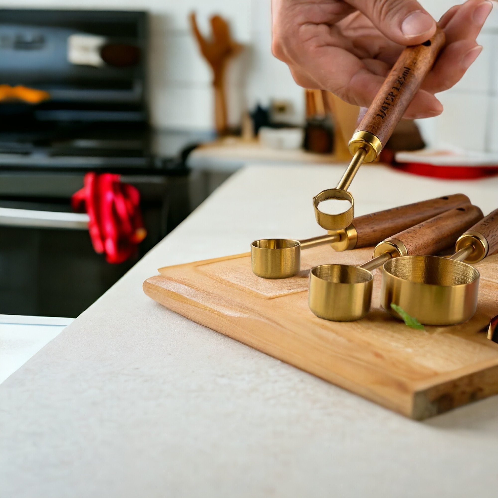 8pc Hand Crafted Measuring Set Handcrafted Gold Measuring Cup Set Stainless Steel Wooden Measuring ...
