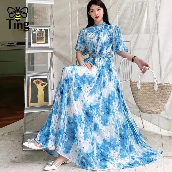 Tingfly Women Summer Fashion Floral Print Pleated Long Button Up Bohemian Dresses Lady Streetwear Boho Largo Vestidos Robes