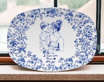 Custom Mom Portrait from Photo Platter, Personalized Toile De Jouy Mom & Daughter Plate, Mothers Day Gift for Mama, Grandma Birthday Gifts