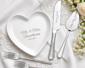 Personalized Wedding Cake Cutting Set, Custom Mr and Mrs Couple Ceramic Plate, Cake Knife & Server Gift for Newlyweds, Bridal Shower Gift