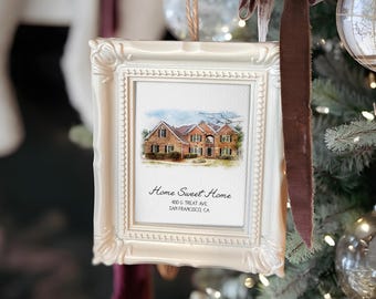 First Christmas in Our New Home Frame Ornaments, Custom Watercolor House Portrait Ornament, Housewarming Gift